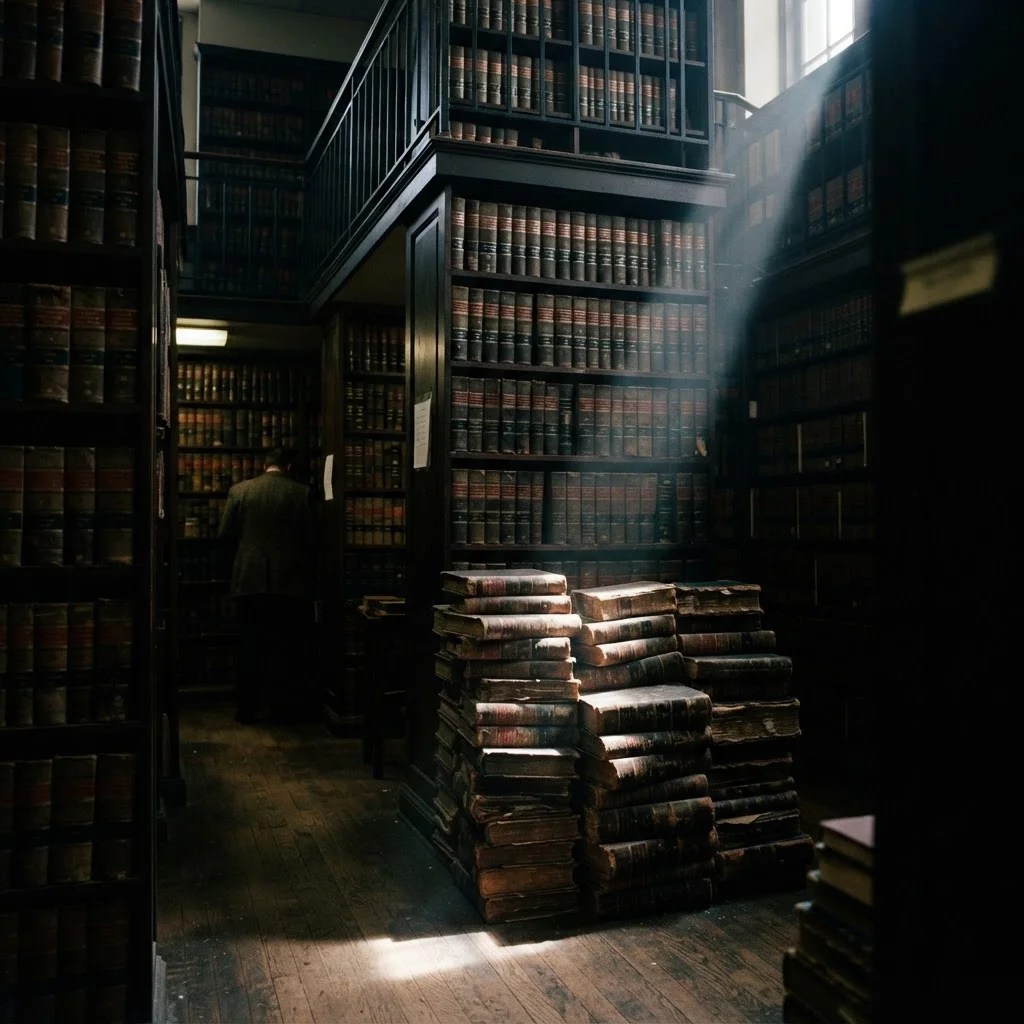 Sunlight falling across books in a quiet law library; an AI editorial illustration