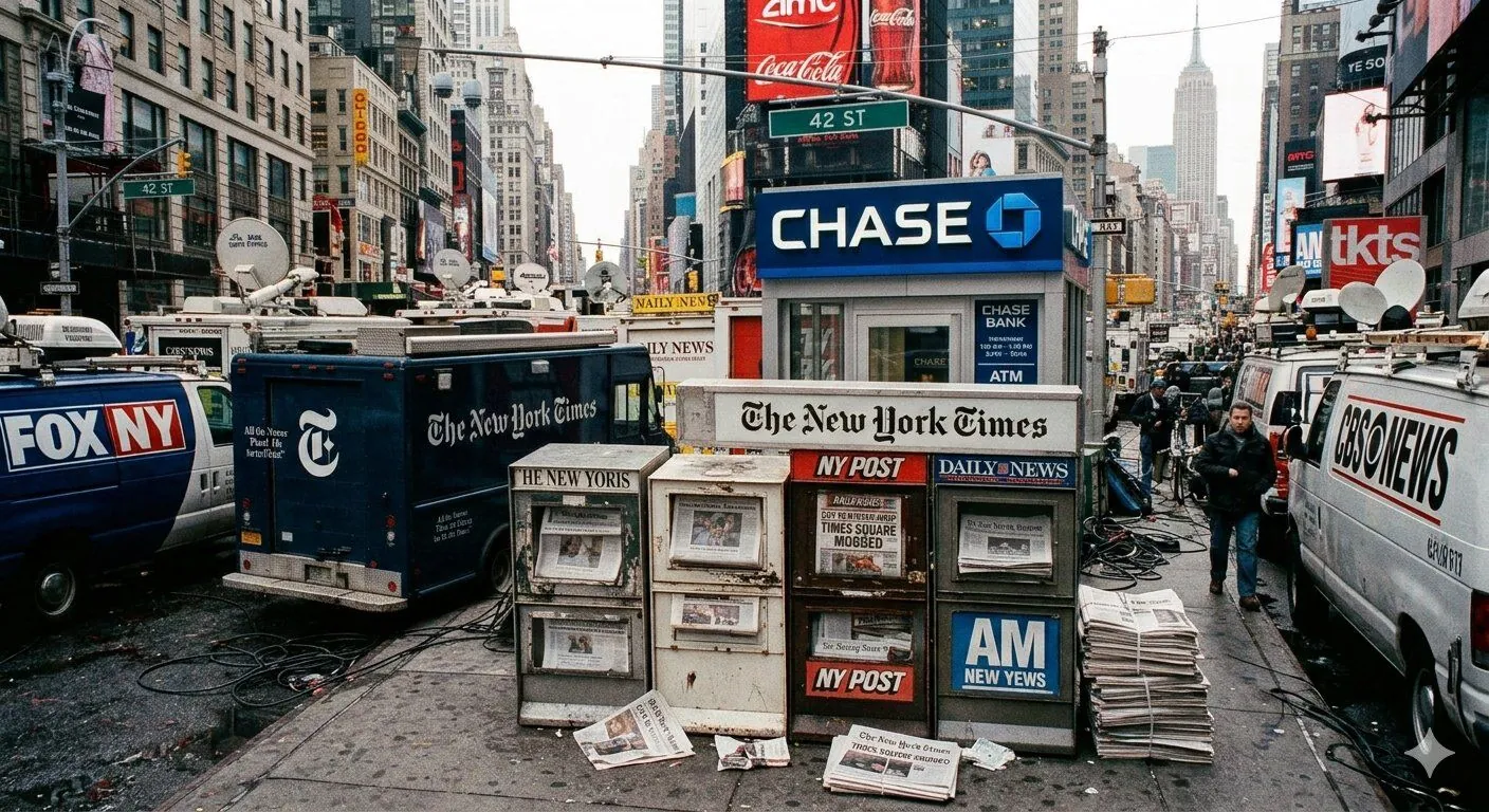 Photo illustration of news trucks outside a Chase branch